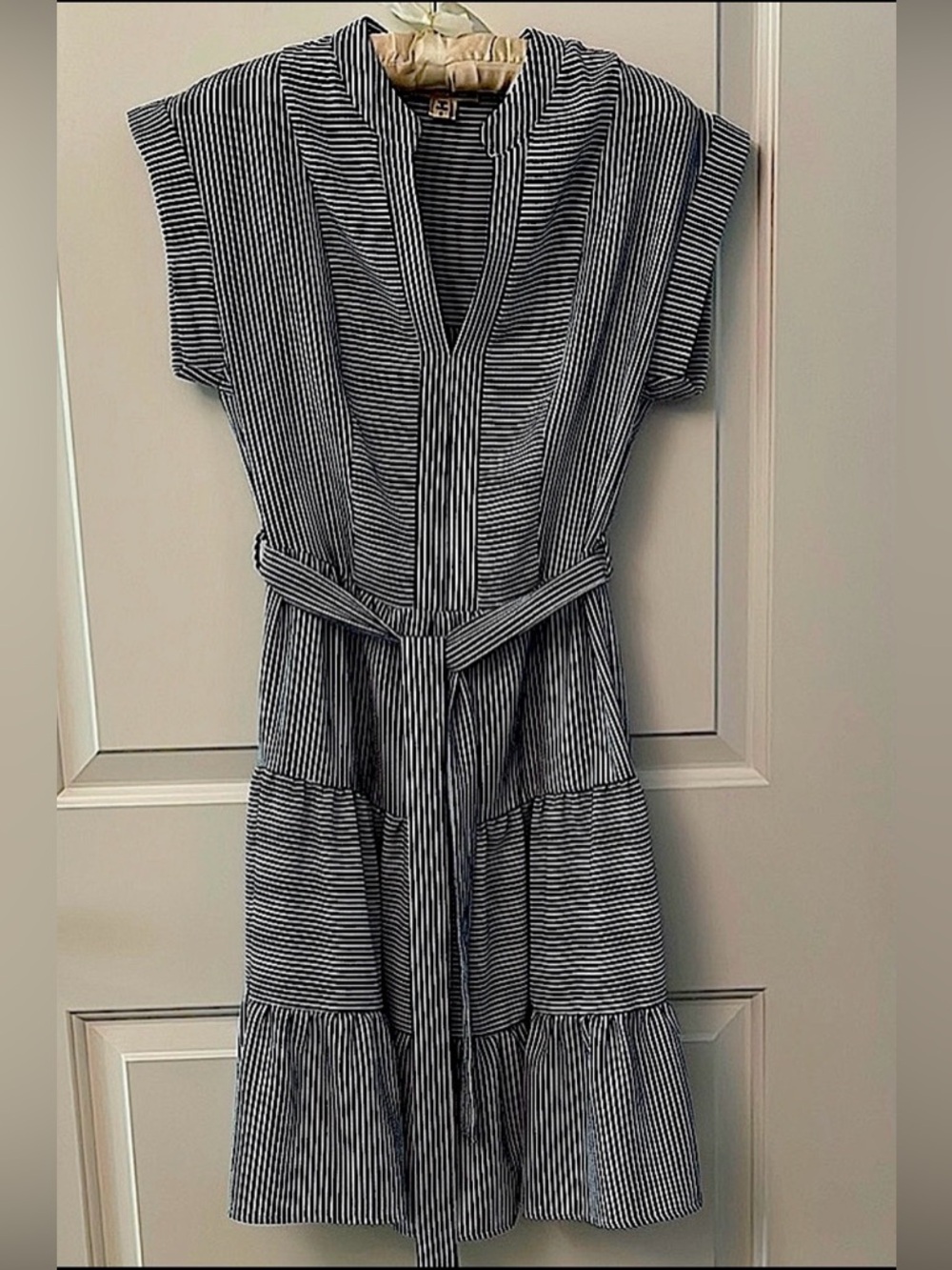 Monteau Striped Blue and White Dress/ mandarin collar/ short sleeve/ fabric belt